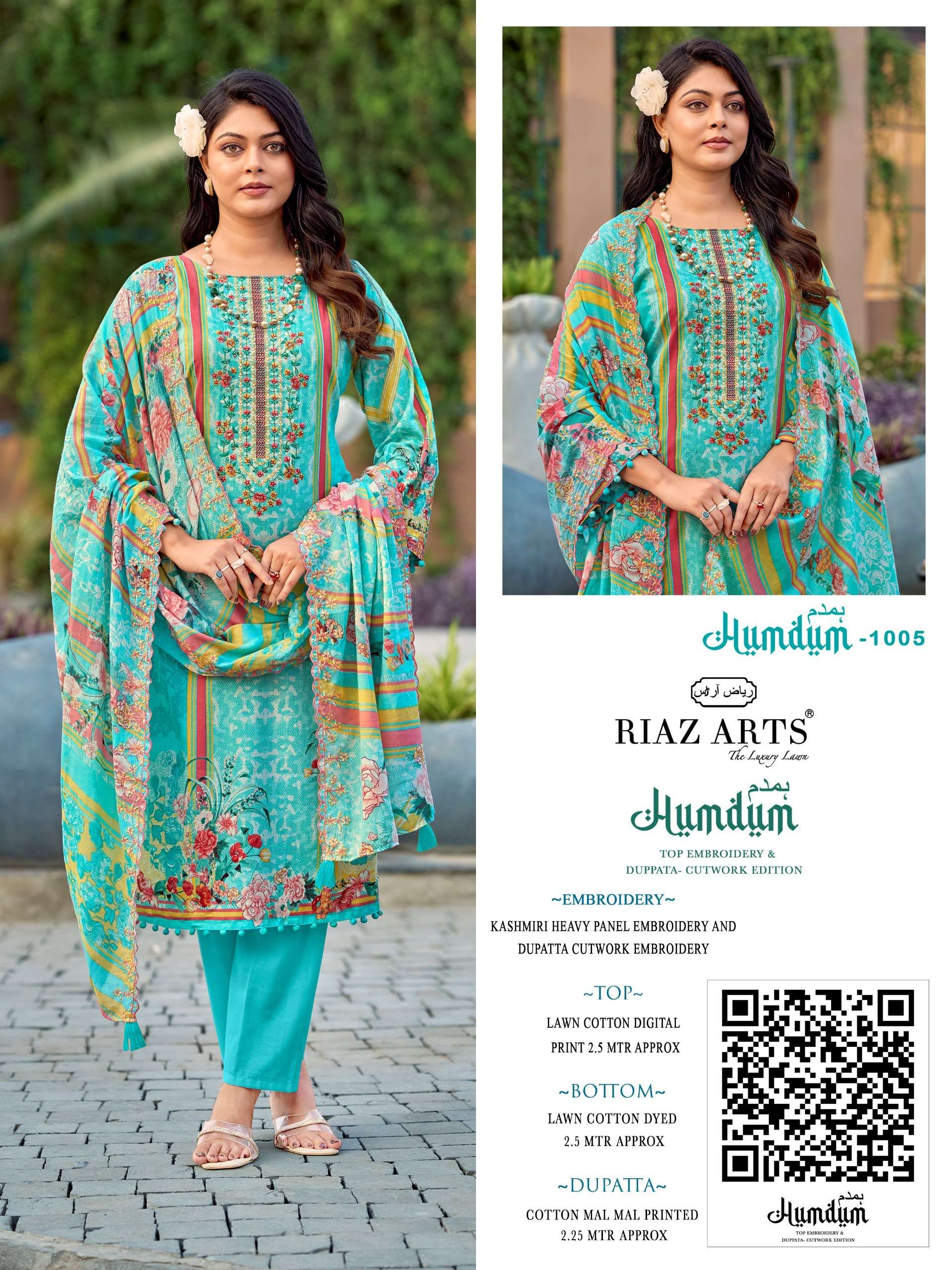 RIAZ ARTS HUMDUM TOP & DUP WORK LAWN COTTON DESIGNER PAKISTANI STYLE SUIT TEXTILE MARKET 